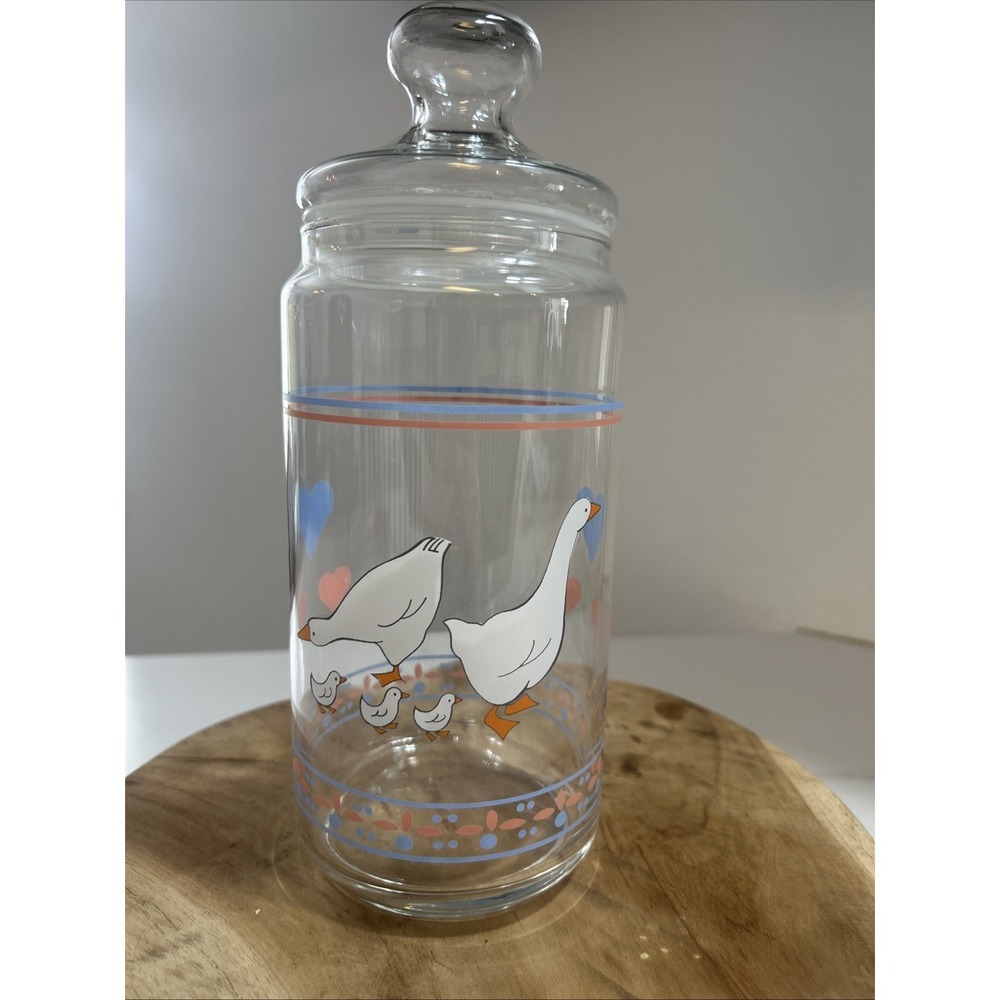 Vintage Luminarc France‎ Tall Apothecary Glass Storage 10.5'' Jar Hearts & Geese